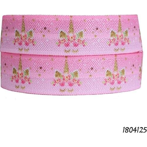 50 yards/lot) Pink pattern beautiful unicorn horns printed foe fold over elastic for kids headbands