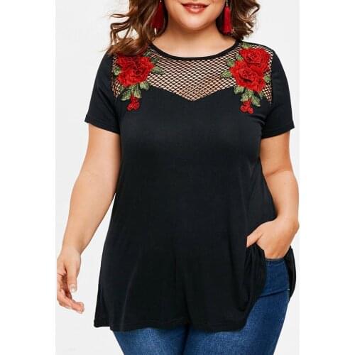 Fashion Womens Short Sleeve Blouse Fishnet Plus Size Tunic Shirts Rose Print Tops Solid Color Vetement Femme Одежда Для Женщин
