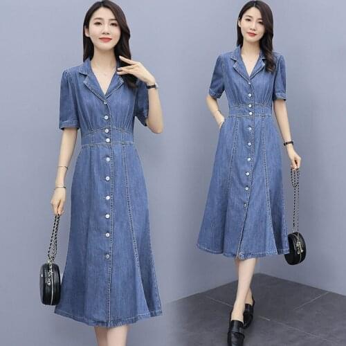 Suit Collar Mid-Length Denim Dress Female Summer 2021 New Fashion Lady Slim Retro French A-Line Cowboy Blazer Dress zh1157