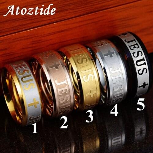 Atoztide 6-8mm Stainless Steel Classic Jesus Cross Ring Black Bible Prayer Finger Rings Fluorescent Wedding Band Belief Jewelry