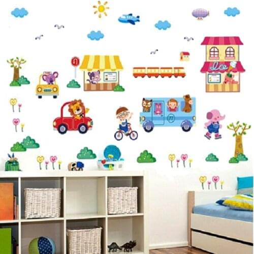 Cute Safari Driving Cars Bus Wall Stickers For Kids Room Home Decoration Cartoon Animal Mural Art Boys Wall Decals Pvc Posters