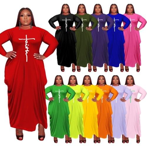 Fashion Women Plus Size Lantern Dresses 2021 Autumn Hot Selling O-neck Long Sleeve Pockets Casual Ankle-Length Solid Dress