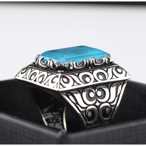 Handmade Mens Silver Sky Blue Paraiba Tourmaline Ring, Man 925 Silver Ring, Rectangular Tourmaline Ring