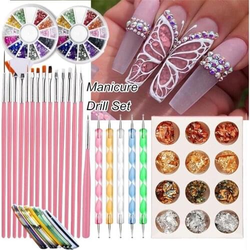 Nail Brushes Set Nail Foil Stickers Set 1.5mm-2.0mm Nail Art Rhinestones Decoration Nail Art Dotting Painting Pen Manicure Set