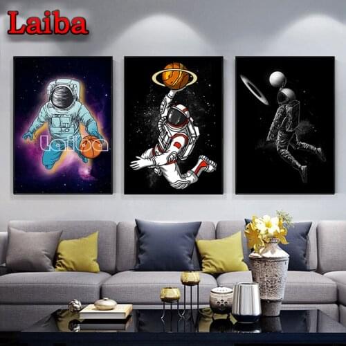 Fun Art Astronaut Playing Basketball In Space 5D DIY Full Square Diamond Painting Cross Stitch 3D Diamond Embroidery Rhinestone
