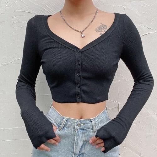 Button Up Ribbed Knitted T-shirts Long Sleeve Crop Top Solid Casual Sexy V-neck Fitted Slim T Shirts For Women T-shirts