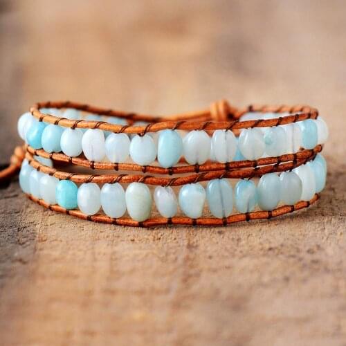New Women Leather Bracelets Random Amazonite 2 Strands Wrap Bracelets Handmade Vintage Woven Boho Bracelets Dropshipping