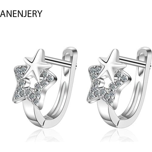 ANENJERY 925 Sterling Silver Simple Mosaic Cubic Zircon Pentagram Stud Earring For Women Earrings Party Jewelry Gifts S-E1048