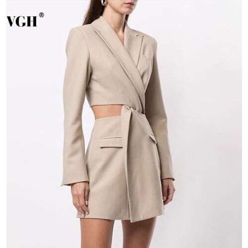 TWOTWINSTYLE Waist Hollow Out Dresses For Female Lapel Collar Long Sleeve High Waist Slimming Pure Color Women’s Sexy Dress 2021