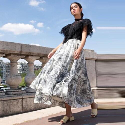 Fashion Designer High Quality Summer New Women Vintage Party Lace Ruffled Sexy Short Sleeve Patchwork Printed Chiffon Long Dress