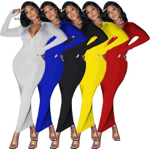 Women Solid Zipper Up Long Sleeve Club Partywear Dress Fashion Deep V Neck High Waist Slim Fit Dress Fall Skinny Maxi