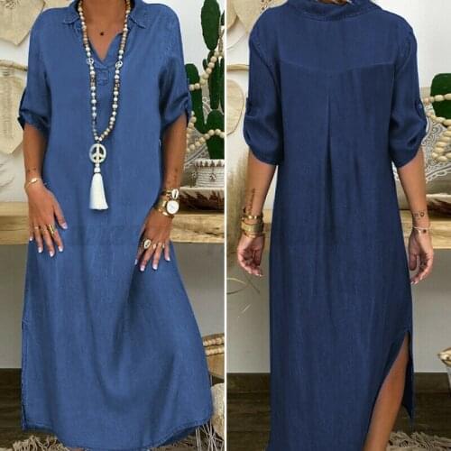 Overszie Women Casual Loose Maxi Dress Denim Blue Solid Half Sleeve Plus Size 5XL Boho Beach Cover Up Long Dresses Robe Vestidos