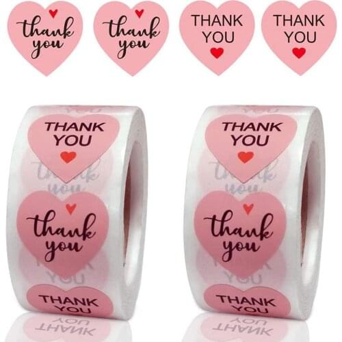 100-1000pcs Round Thank You Sticker Pink Heart Lables Stickers For Envelope Small Business Packaging Sealing Stickers Decoration