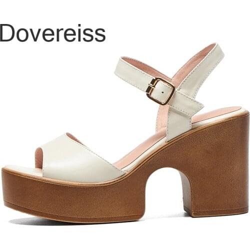 Dovereiss Fashion Womens Shoes Summer Chunky Heels Consice Elegant Narrow Band Genuine Leather Brown Beige Platform Sandals