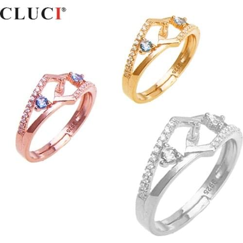 CLUCI 925 Sterling Silver Blue Zircon Rings Women Pearl Ring Mounting Jewelry Adjustable Silver 925 Jewelry Rings SR2188SB