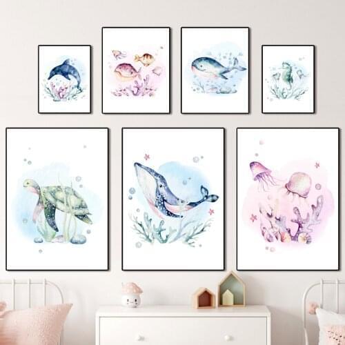 Dolphin Whale Jellyfish Turtle Seahorse Coral Wall Art Canvas Painting Nordic Posters And Prints Wall Pictures Kids Room Decor