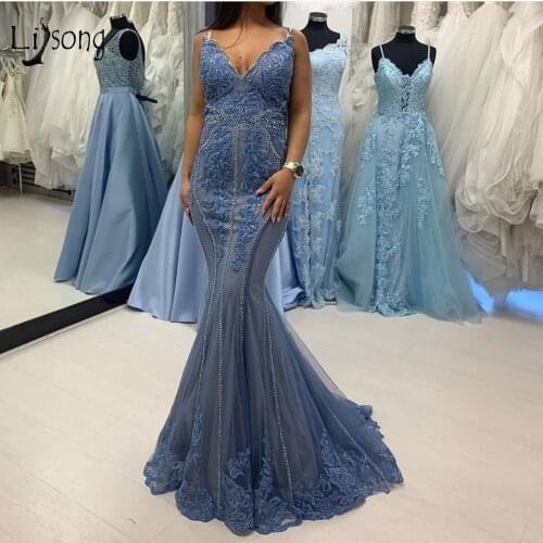 Elegant Blue Lace Mermaid Prom Dresses 2020 Crystal Beaded Long Prom Gowns V-neck Modest Formal Party Dress