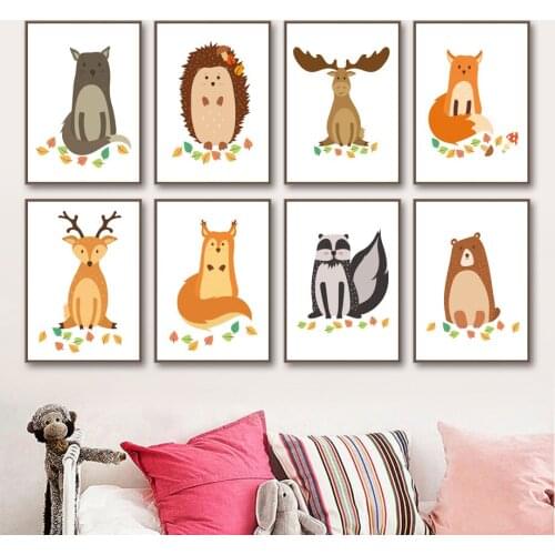 Fox Deer Bear Lynx Hedgehog Leaves Nursery Wall Art Canvas Painting Nordic Posters And Prints Wall Pictures Baby Kids Room Decor