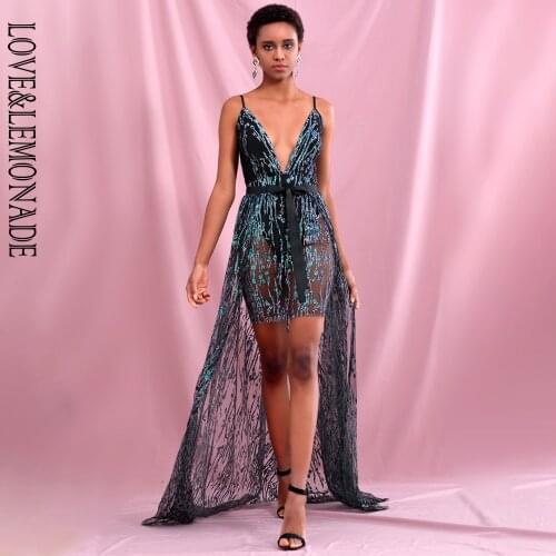 LOVE&LEMONADE Sexy Green Deep V-Neck Two-Pieces Bodycon Bead Material (Removable Skirt) Party Dress LM82370