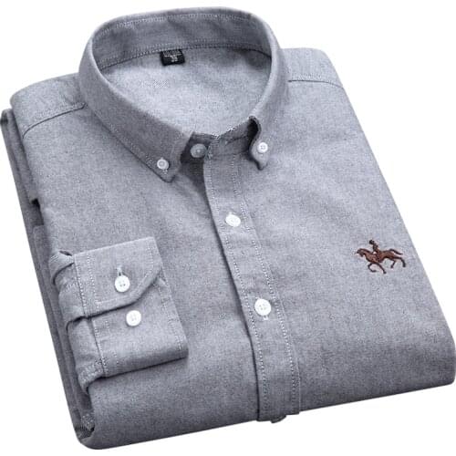 Aoliwen brand 100% Cotton Oxford Shirt Mens Long Sleeve Embroidered Horse Casual Without Pocket Solid Dress Shirt Men Plus Size