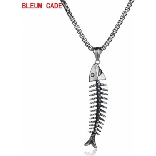 Titanium Stainless Steel Fish Shape Fishbone Pendant Necklace Gothic Style Male Pendant Necklace Punk Boho Jewelry Gifts