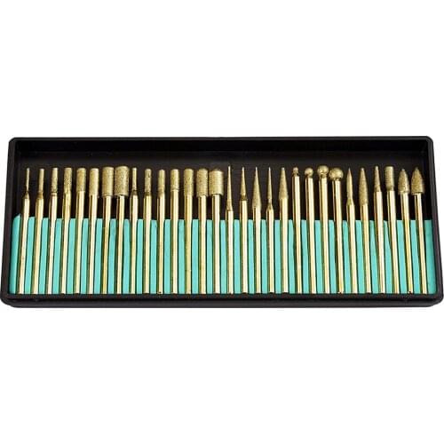 30-Piece Set of 3mm Titanium-Coated Diamond Burrs Grinding Head Shank Drill Bit Set Burr Drill Grinder Bits Dremel Rotary Tools