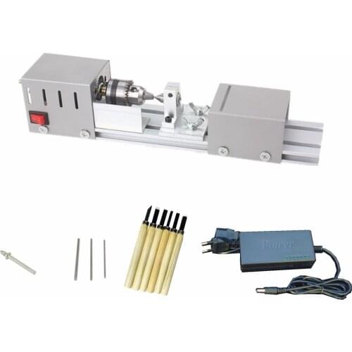 Set DIY Standard Wood Lathe Mini Lathe Machine Polisher Table Saw Cutting Mini Lathe+ Power Adapter+ Fixed links +Gravers