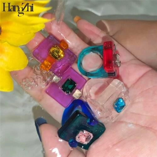 New Colourful Transparent Splicing Geometric Square Resin Rings Rhinestone HANGZHI 2021 for Women Girls Jewelry Party Gifts