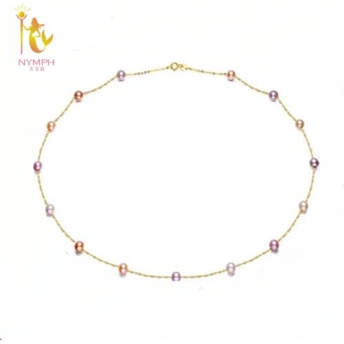 NYMPH Real 18K Gold Natural Freshwater Pearl Necklace AU750 Fine Jewelry 4-5 mm Mixed Color Wedding Gift For Women TL1002