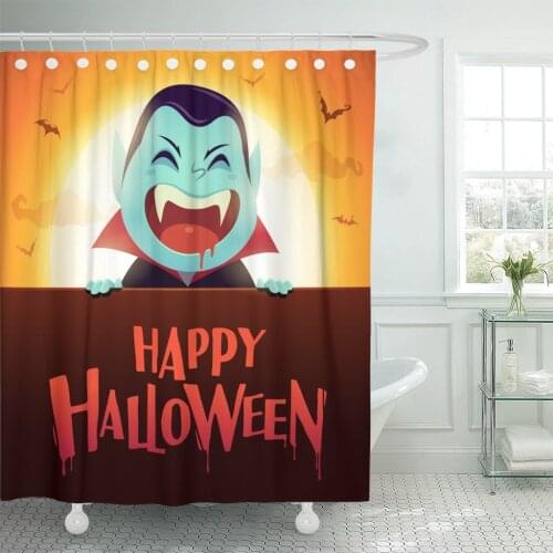 Orange Blood Happy Halloween Dracula Vampire with Big Signboard in The Moonlight Cartoon Shower Curtain Waterproof Polyester