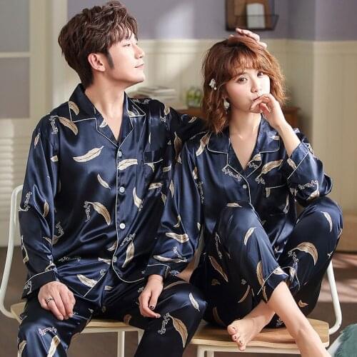 Men Women Pajamas Set Soft Imitation Silk Print Shirt Pants Couple Sleepwear Pajama Sets Unisex Pyjamas Sleepwear