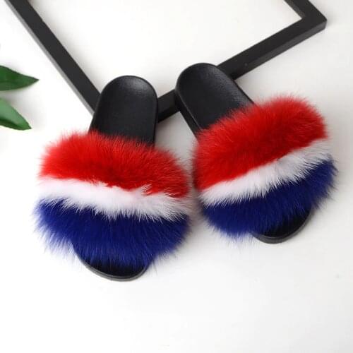 New Winter Womens Fox Fur Sandals Raccoon Fur Slides Ladies Home Furry Slippers Woman Flat Fluffy Fur Sandals Fur Flip Flops