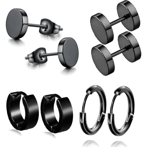 1 Set 4 Pair Different Types Shape Unisex Black Color Stainless Steel Piercing Earring For Women Men Punk Gothic Barbell Earring