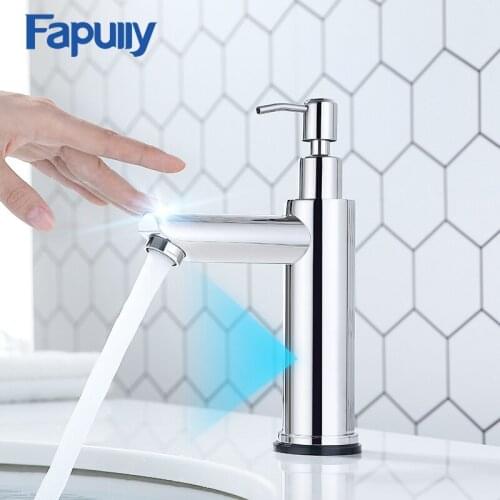 Fapully New Basin Faucet Brushed Nickel Smart Touch Sensor Bathroom Faucet With Soap Dispenser Touch Control Tap Sensor Mixer