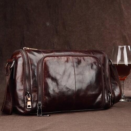 New Genuine Leather Shoulder Bag Cow Leather Business Casual Men Crossbody Bag Oil Wax Leather Mens Bag Travel Trip Cylinder