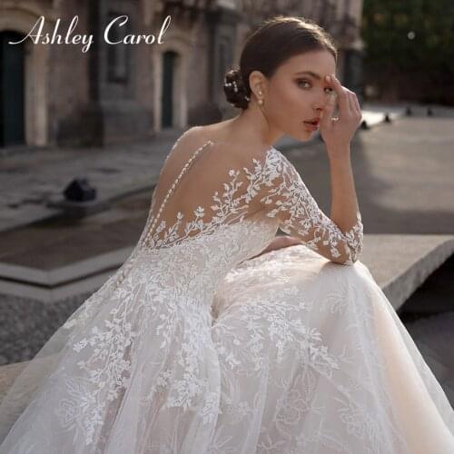 Ashley Carol A-Line Lace Wedding Dress 2021 Long Sleeve Illusion Romantic Appliques Princess Gown Bride Dresses Vestido De Noiva