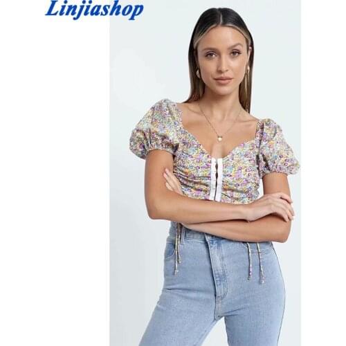 Spring summer women tops floral print fashion cropped tank top elastic vintage female shirts chic tops