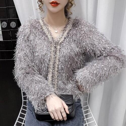 Autumn Female New Fashion Retro Lotus Color Feather Tassel Sequined Long-Sleeved Short Jacket Women