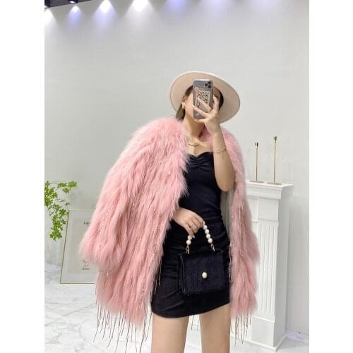 Womens fashion genuine real natural Raccoon Fur Coat girls dream Luxurious jacket Sequin tassel outwear