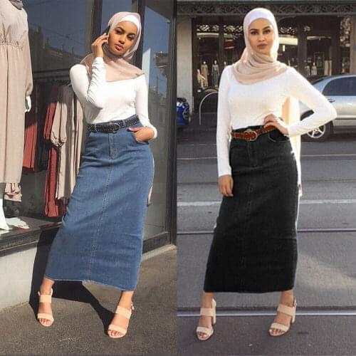 Women Denim Long Skirt Straight Bodycon Maxi Skirts High Waist Abaya Muslim Bottoms Islamic Jeans Skirts Middle East Fashion