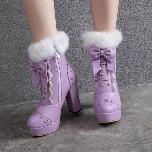 Dropship Platform Ankle Boots Women Zipper Platform Shoes Woman Lovely Sweet Bow Lolita Shoes Women Boots Plus Size 48