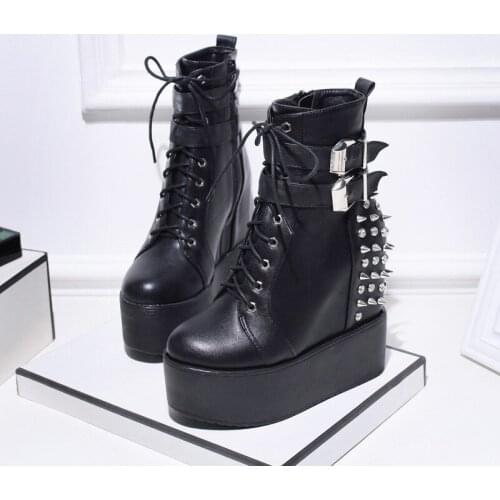 34-43 OLOMM 2019 Wedge Ankle Boots White Black Rubber Sole Thick Sole Boots Women Lace Up Autumn Thick Sole High Heels TY-32