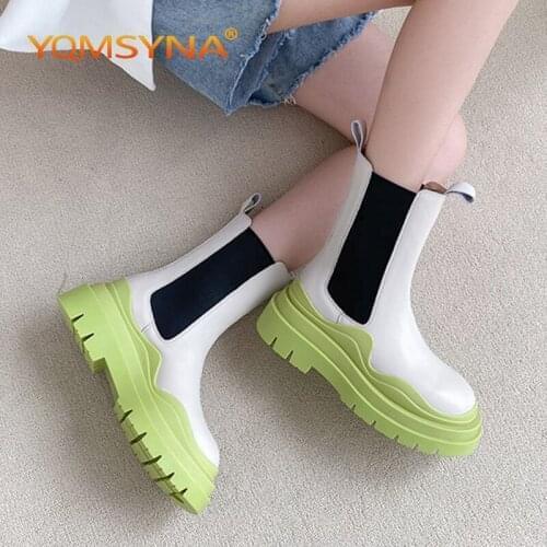 YQMSYNA Casual Ankle Boots Women Fashion Genuine Leather Non-slip Thick Bottom Chelsea Boots Round Toe Mixed Colors Shoes AS310