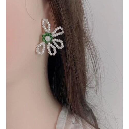 Origin Summer Temperament Flower Simulation Pearl Dangle Earring for Women Girls Crystal Beaded Hollow Holiday Earring Jewellery