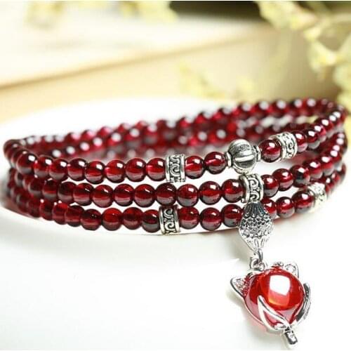 Natural Garnet Strand Bracelets Vintage Leaf Pendant 925 Sterling Silver Crystal Anniversary Customization Jewelry for Woman