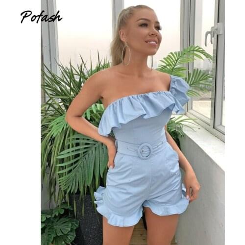 Pofash Ruffle One Shoulder Playsuits Women Solid Blue Backless Waist Tie Autumn Romper Sleeveless Casual Street Jumpsuits 2020