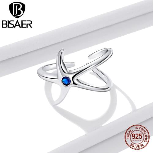 BISAER New 100% 925 Sterling Silver Cubic Zircon Blue Ocean Starfish Ring for Women Girl Open Ring Fashion Jewelry Gift EFR177