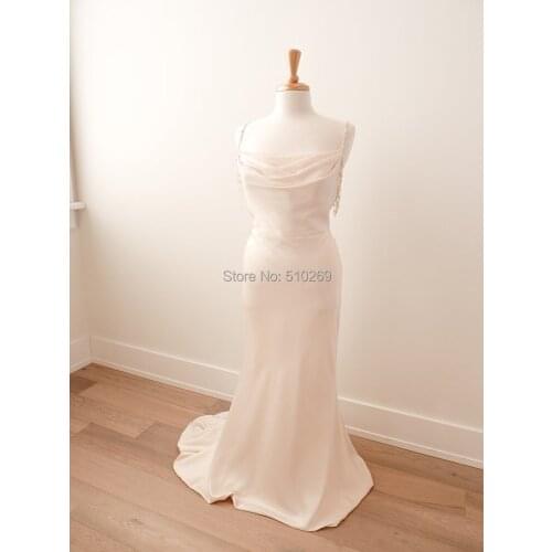 2020 New Arrival Silk Satin Sheath Wedding Dress Draping Shoulder Straps Pearl Beads Open Back Bridal Gowns Vestido De Noiva