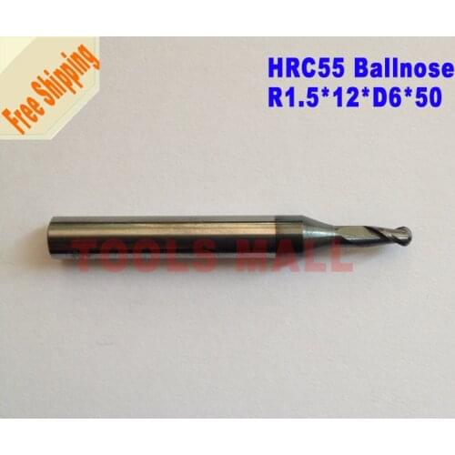 Free Shipping-3pcs 1.5mm Radius 2 Flutes Ballnose Spiral Bit Milling Tools Carbide CNC Endmill Router bits HRC55 R1.5*12*D6*50