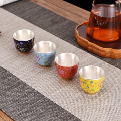 4 Piece Sets Enamel Multicolor Tea Cup Sterling Silver 999 Hand Painted Porcelain Teacup Kungfu Master Personal Teaware Gift Box